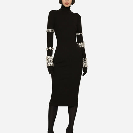 European and American Black Heavy Industry Nail Drill Long Sleeve High Neck Bandage dress Slim-Fit Slimming Knitted Round Neck Women's Autumn and Winter