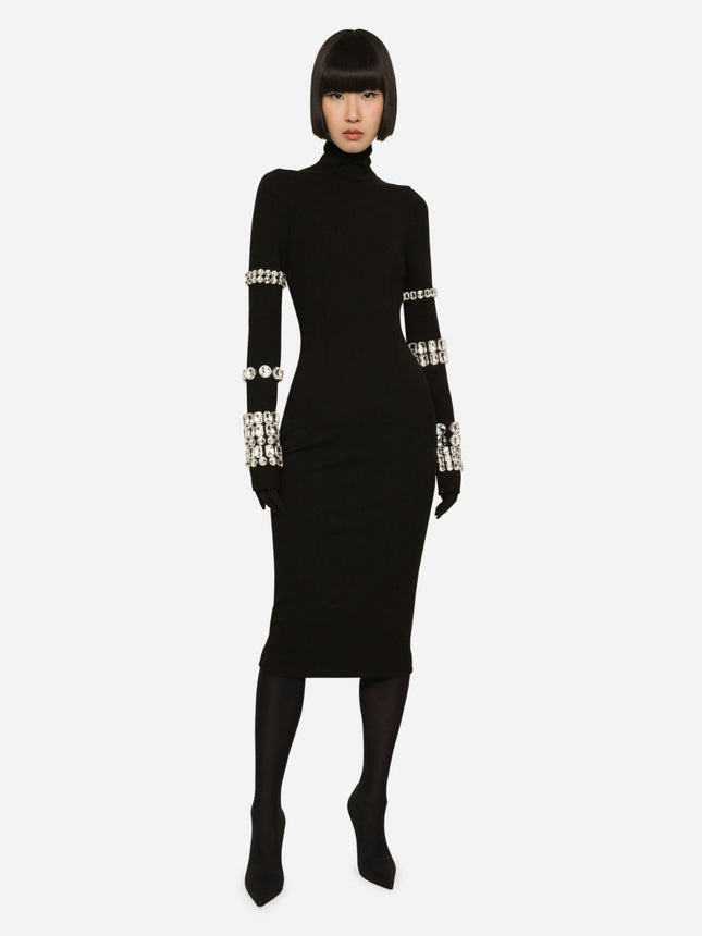 European and American Black Heavy Industry Nail Drill Long Sleeve High Neck Bandage dress Slim-Fit Slimming Knitted Round Neck Women's Autumn and Winter