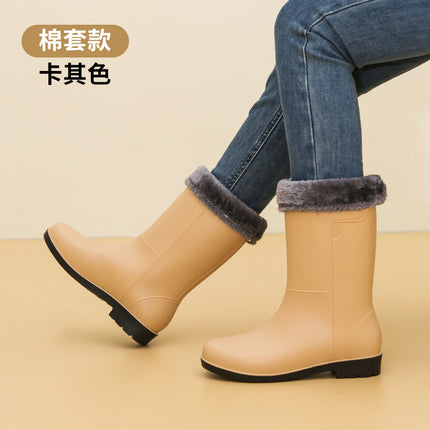 Fashionable Rain Boots for Women, Mid-Calf Women's Water Shoes, Women's Adult Velvet Rain Boots, Non-Slip Half-Tube Water Boots, Women's Rubber Shoes Wholesale