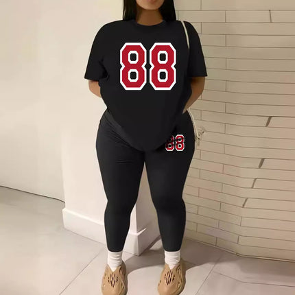 Fashion Versatile Digital Printing Casual Spring and Summer Short Sleeve Casual Loose Lightweight Breathable Leggings Set