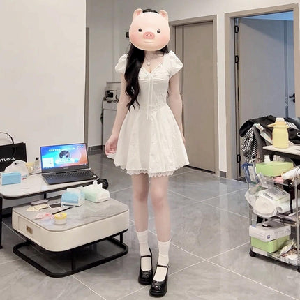 2025 Summer Exclusive White Puffy Short Skirt for Petite Women with Exquisite Lace Trim and Waist-Cinching Design That Exudes a Fairy-Like Vibe