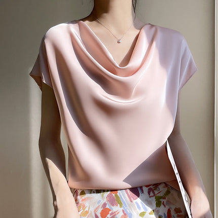 Silk Satin 2025 Spring and Summer New Short Women's French Collar Elegant T-Shirt Simple Short-Sleeved Large Size Top