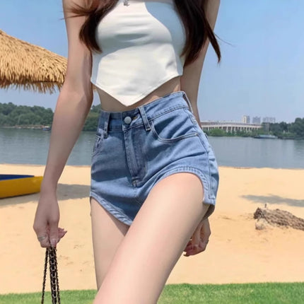 Hot Girls Denim Shorts Women's Design Sense Niche High Waist Slimming Legs Long Tight Hip Elastic Irregular Hot Pants