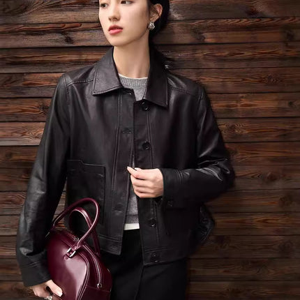 Nordic Harbour Sage Modern Full Vegetable Tanned Sheepskin Leather Coated Sheepskin Short Coat Women's Straight Leather Jacket