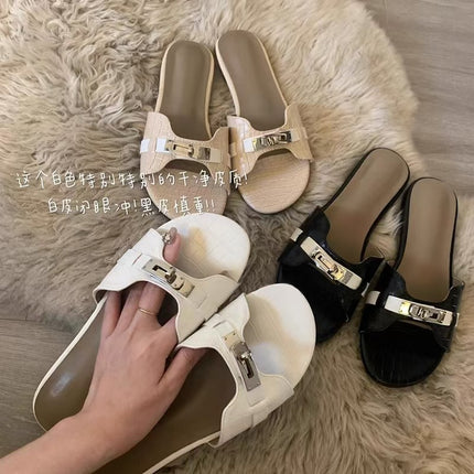 In-Stock Sheepskin Buckle Crocodile-Pattern Commuting High-Heeled Sandals for Women, Chunky Heel, Soft Sole, Light Luxury Style