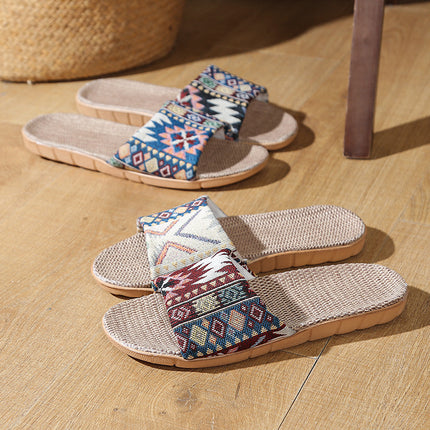 Four Seasons Home Linen Slippers Fashion Printed Thick Sole Non-Slip Sweat-Absorbent Wear-Resistant Large Sole Couple Linen Slippers Ethnic Style