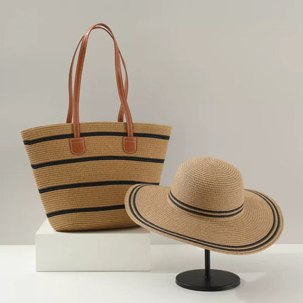 Explosions Large Capacity Straw Bag Straw Hat Two-piece Set Outdoor Travel Big Brim Face Small Sun Hat Tote Bag Tide