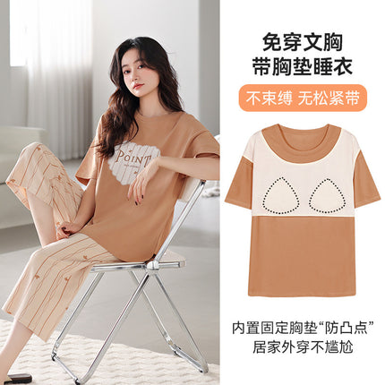 Pajamas for Women with Breast Pads, Summer Pure Cotton Short-Sleeved Cropped Pants That Can Be Worn Outside the Suit, New Summer Cotton Girls' Home Clothes