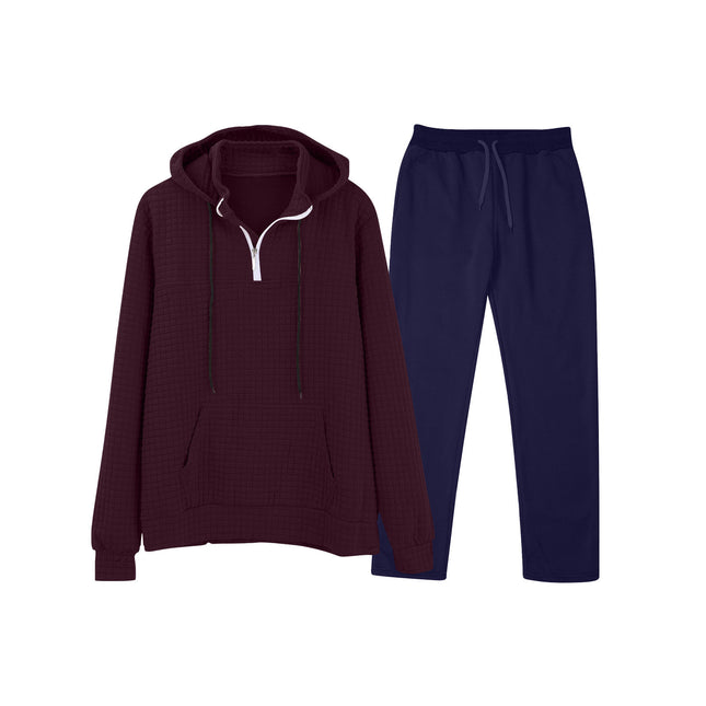 European and American Cross-Border Long-Sleeved Waffle Top Aliexpress Solid Color Drawstring Pocket Hoodie Sweatshirt and Sweatpants Set