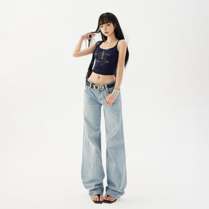 2025 American Retro Low-Waist Loose Hot Girl Straight Pants Versatile Drape Jeans Women's Autumn Long Pants Extended