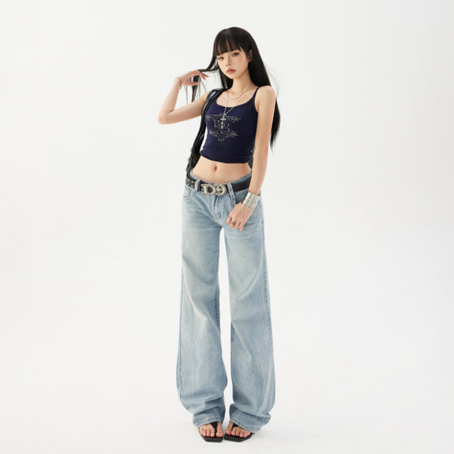 2025 American Retro Low-Waist Loose Hot Girl Straight Pants Versatile Drape Jeans Women's Autumn Long Pants Extended