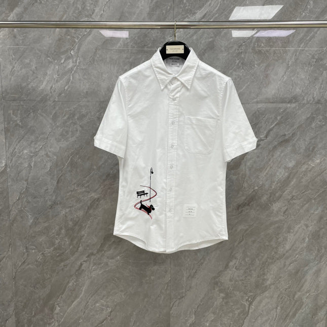 Factory Direct Camp Spring and Summer New TB Puppy Embroidered Sleigh Pattern Short Sleeve Oxford Shirt for Men and Women Couples Same Style