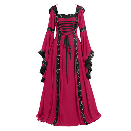Foreign Trade European and American Women's Medieval Clothing Women's Retro Hooded Dress Square Collar Bell Sleeve Stage Performance Clothing