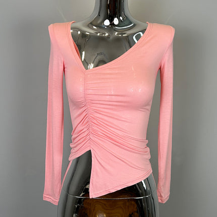 New Products from Dongdaemun, South Korea, Are Skin-Friendly and Show Off Your Figure~Sexy V Neck Pleated Slim Long-Sleeved T-Shirt Ye