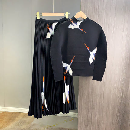 Fashionable casual pleated suit high-grade crane printed high waist skirt long sleeve top two-piece suit women's all-match