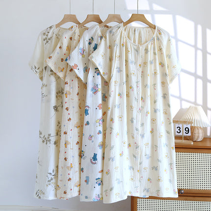 Pure Cotton Gauze Three-Quarter Sleeve Nursing Nightgown, Summer Thin Maternity Pajamas, Postpartum Clothing for Expectant Mothers, Postpartum Nursing Clothes