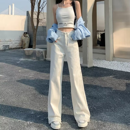 Light Color High Waist Straight Jeans Women's Trendy All-match New Fashionable Simple Loose Slim-fit Wide Leg Pants