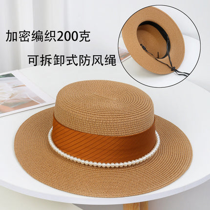 [Great Value] French Style Socialite Flat Top Hat 2025 New Summer Elegant Pearl String Sunshade Woven Straw Hat