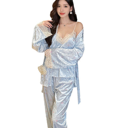 New Style Gold Velvet Nightgown with Chest Pad Sling Trousers Three-Piece Set Women's Pajamas Sweet Sexy Lace Home Clothes