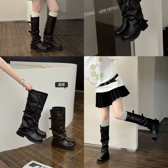 Thick-Soled Belt Buckle Trouser Boots for Women, Pleated Soft Leather Square and Round Toe Mid-Calf Boots, Autumn and Winter New High-Top Knight Boots