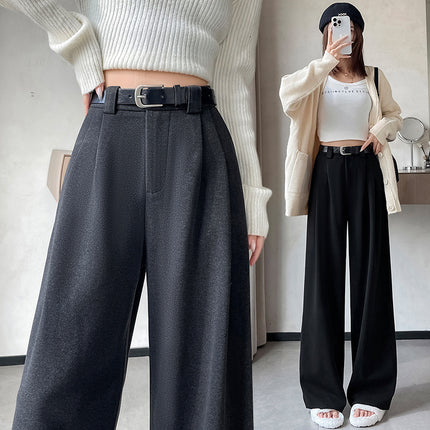 Black Woolen Suit Pants for Women, Spring, Autumn, and Winter, High-End Feel, Drapey, High-Waisted, Slimming, Petite, Straight-Leg, Narrow Wide-Leg Pants