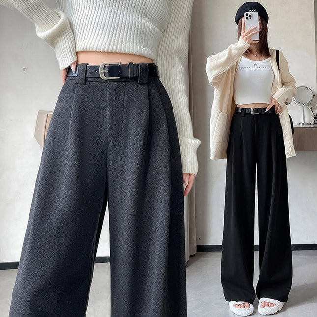 Black Woolen Suit Pants for Women, Spring, Autumn, and Winter, High-End Feel, Drapey, High-Waisted, Slimming, Petite, Straight-Leg, Narrow Wide-Leg Pants
