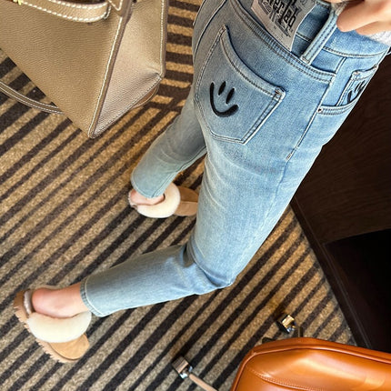 Embroidered Smiley Face Light-Colored Straight-Leg Jeans for Women, 2025 Spring New Popular High-Waisted Slim-Fit Cropped Cigarette Pants
