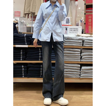 Cement Gray Wide-Leg Jeans for Women Spring New Retro American High-Waist Slim Loose Non-Stick Straight Pants