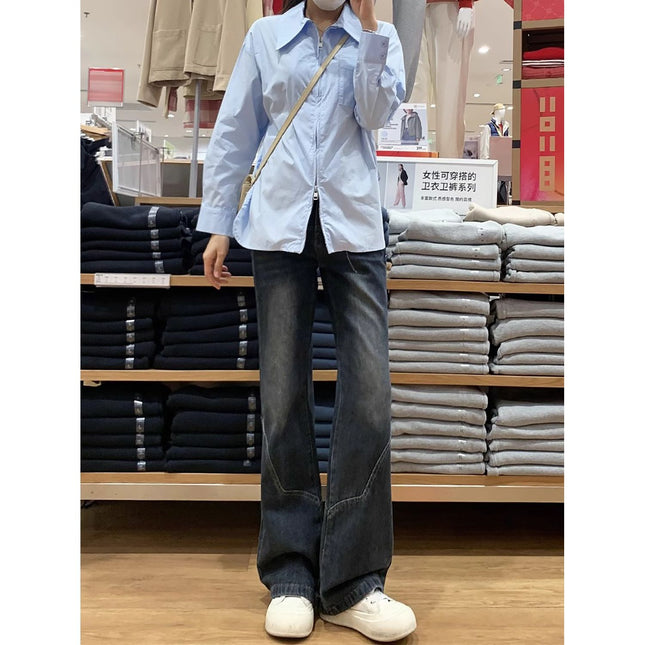Cement Gray Wide-Leg Jeans for Women Spring New Retro American High-Waist Slim Loose Non-Stick Straight Pants