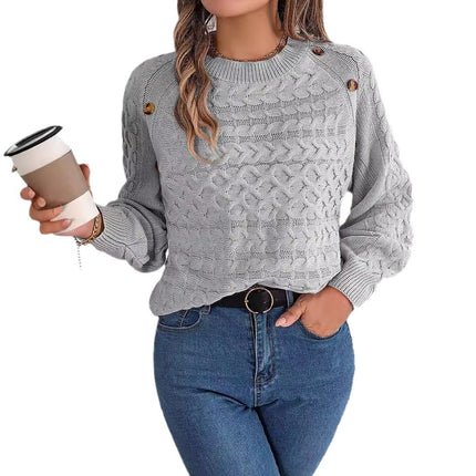 Big Sale 2024 Autumn and Winter New Pure Color Twist Button Lantern Sleeve Pullover Sweater Independent Station Cross-Border Women's Clothing
