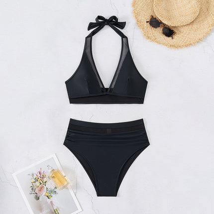 2025 New Bikini Cross-Border European and American Foreign Trade Mesh Splicing Lace-Up Sexy Bikini Two-Piece Swimsuit Swimwear