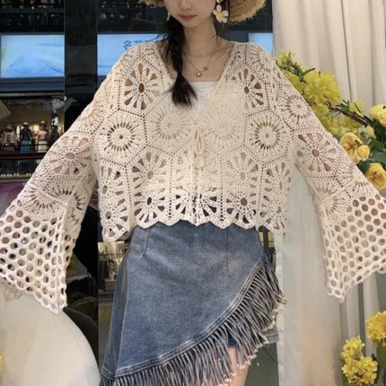 Seaside Vacation Cardigan, Beach Cover-up, Sweet Hottie Outfit, Crocheted Cut Out Sun Protection, Thin Lace Cardigan for Women