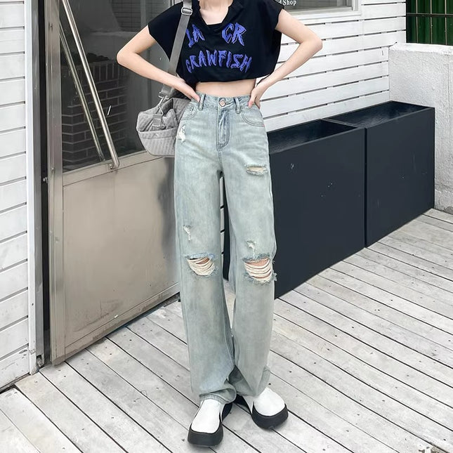 2024 New High Waist Slimming Straight Ripped Jeans Women's Summer Thin plus size Small Wide Leg Trendy Pants