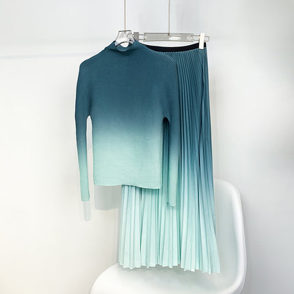 Textured Pleated Bottoming Shirt for Women, Elegant High Collar, Slim Fit, Miyake Non-Balling Gradient Long-Sleeved T-Shirt Top