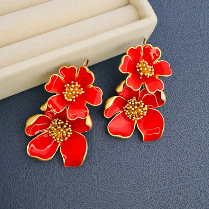 Oscar European and American Mid-Century Style Long Enamel Drip Glaze Flower Earrings for Women High-End Niche Design Ear Hooks