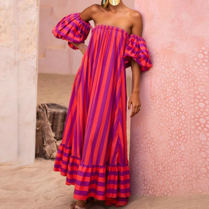 European and American New Amazon AliExpress Striped Detachable Bubble Sleeve Large Skirt Vacation Women's dress 25290