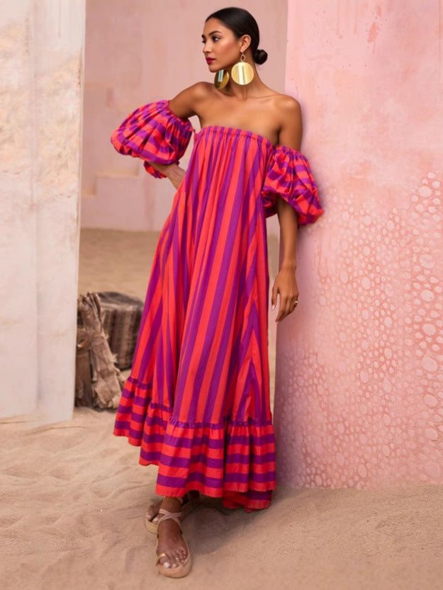 European and American New Amazon AliExpress Striped Detachable Bubble Sleeve Large Skirt Vacation Women's dress 25290