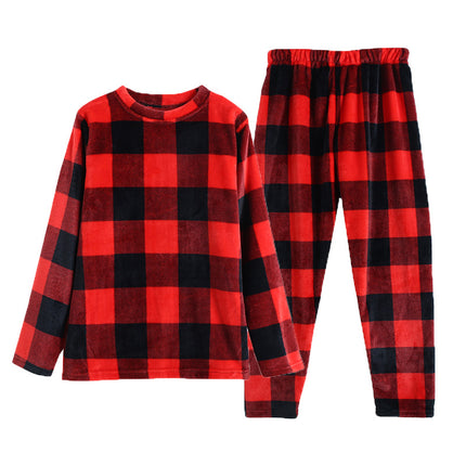 Autumn and winter plaid flannel pajamas set padded warm coral Plaid men's and women's home clothes wholesale