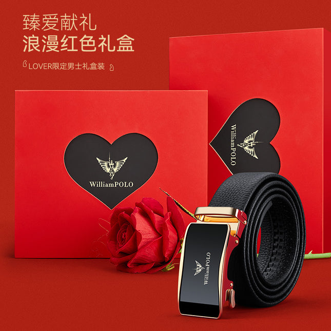 Paul Belt Men's Genuine Leather Birthday Gift Automatic Buckle High-end Red Gift Box for Husband Cowhide Belt Men
