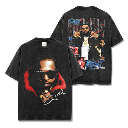 Cross-border American Hip-hop Smoke Pop Smoke Printed Short-sleeved T-shirt Washed Long-sleeved Loose Hooded Sweat for Men