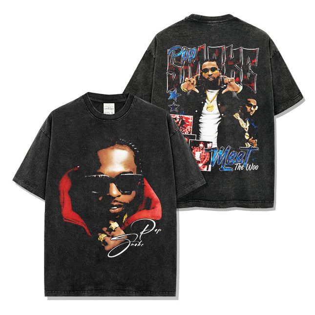 Cross-border American Hip-hop Smoke Pop Smoke Printed Short-sleeved T-shirt Washed Long-sleeved Loose Hooded Sweat for Men