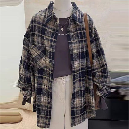 New Spring and Autumn Korean Style Lazy Brushed Wool Plaid Shirt Women's Versatile Trendy Loose Casual Mid-Length Jacket