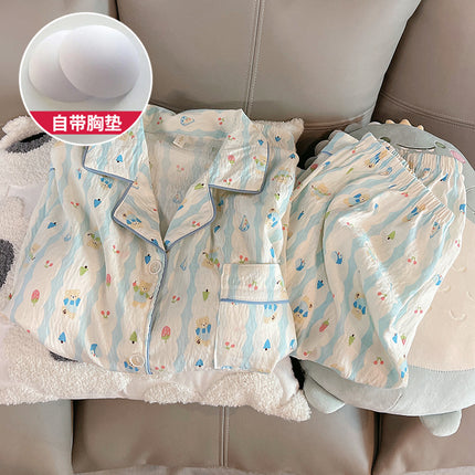 Source Factory New Spring and Autumn Popular Cloud Cotton Sweet Pajamas with Fixed Chest Pads, Long Sleeves and Long Pants Loungewear Set
