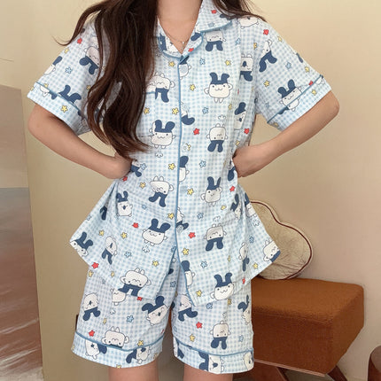 Cute Tamagotchi Pajamas for Women, Summer Short-Sleeve Shorts, Thin Cotton Cartoon Japanese-Style Plaid Loungewear