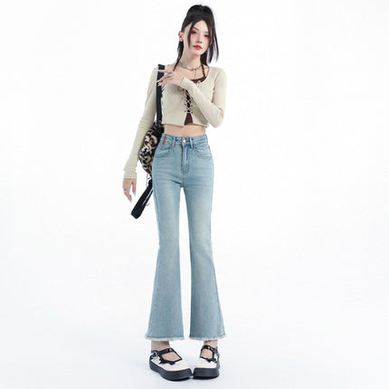 Light Blue Denim Flared Jeans for Women, 2025 Autumn New High-Waisted Slimming Design with Frayed Edges