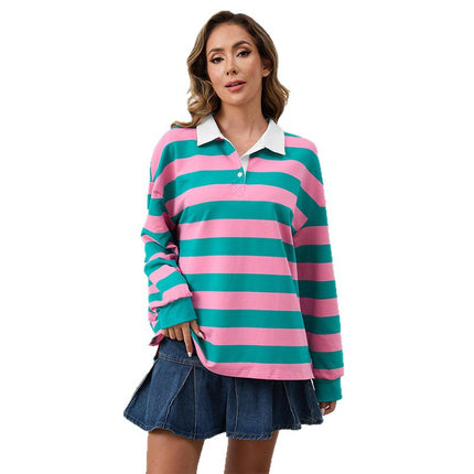2025 European and American Cross-Border Long-Sleeved Stripesd T-Shirt Autum New Casual Versatile Loose Lapel Top