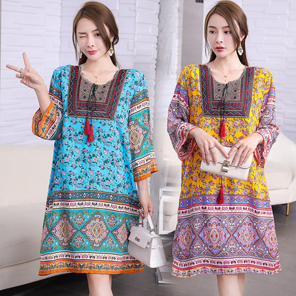 Extra Large Size Ethnic Style Round Neck Three-Quarter Sleeve Dress Loose Embroidered Flower Cotton Silk Travel Beach Skirt for Women