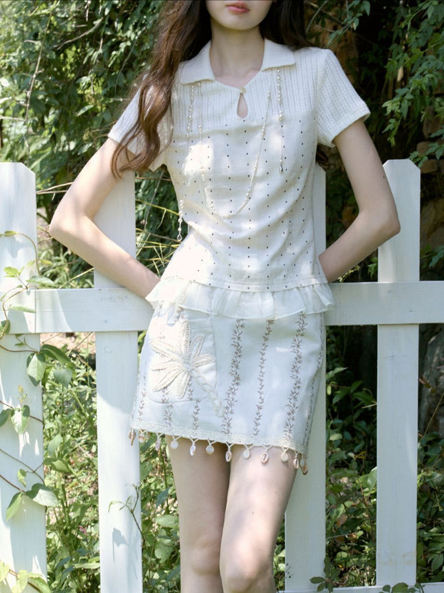 Today's Artist-Designed Original Beige Polka Dot New-Style Bohemian Short-Sleeve Top with Lace and Ribbon