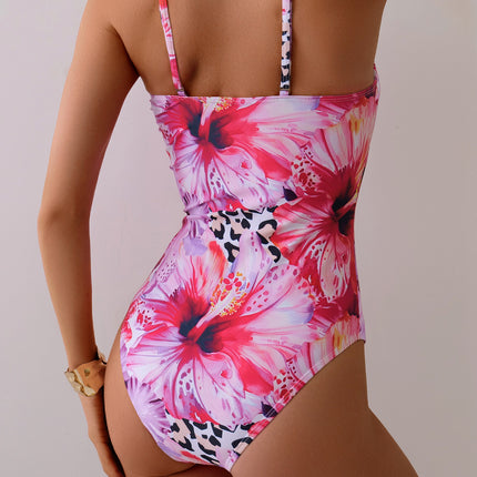 Amazon Explosive one-piece swimsuit women's strap sexy European and American bikini swimsuit pink flower fishbone swimsuit women