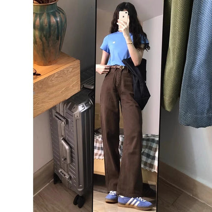Brown Narrow Wide Leg Jeans Women's Trendy All-match New American Style Retro High Waist Loose Straight Long Pants